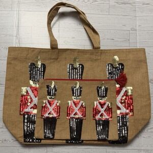 Olive & Hill Christmas Tote Bag &‎ Pouch Burlap Sequin Nutcracker Soldiers NWOT